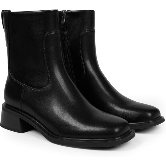 Women's Black Low Heel Square Toe Chunky Short Boot Fall Boots with Side Zipper - Picture 5 of 7